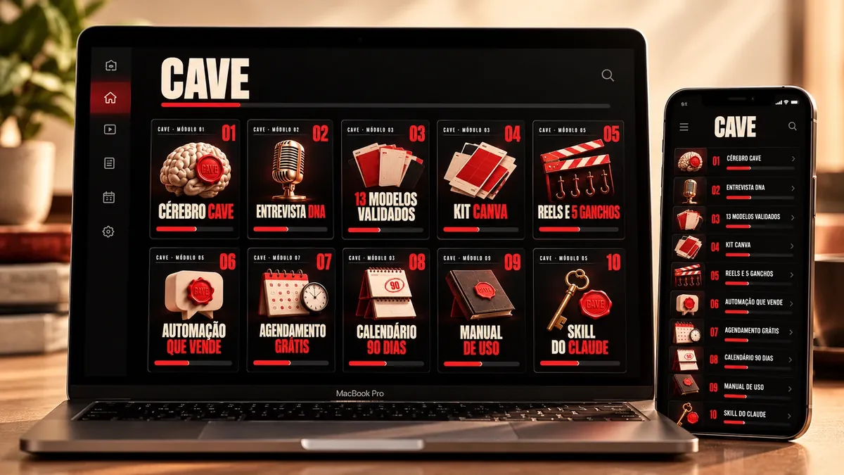 Área de membros do CAVE no notebook e no celular