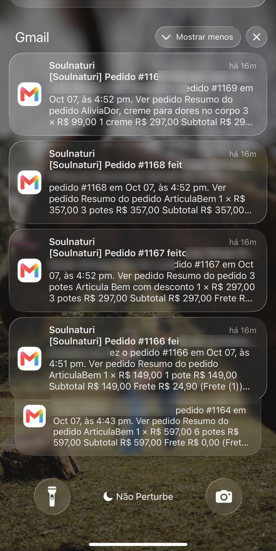 Notificações de pedidos do produto físico