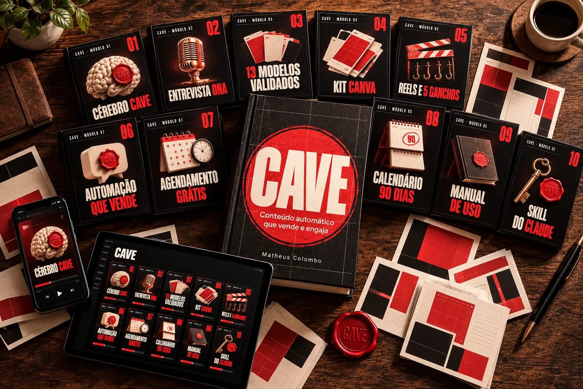 Kit CAVE organizado sobre a mesa com livro, módulos e dispositivos
